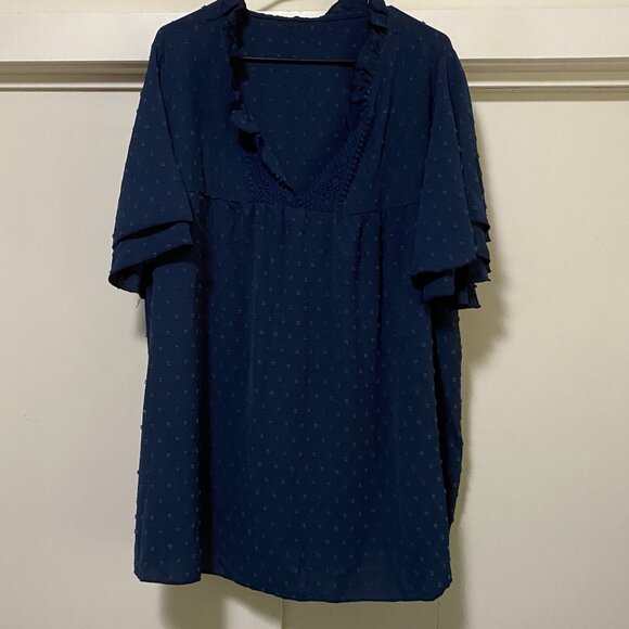 Shein Curve, navy eyelet, short, double fluff sleeve blouse, size 5X - Picture 1 of 11